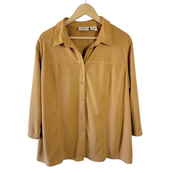 Kathy Ireland Tan Soft Suede Button-Up Shirt Sz M 3/4 Sleeve Academia Minimalist - Picture 1 of 11